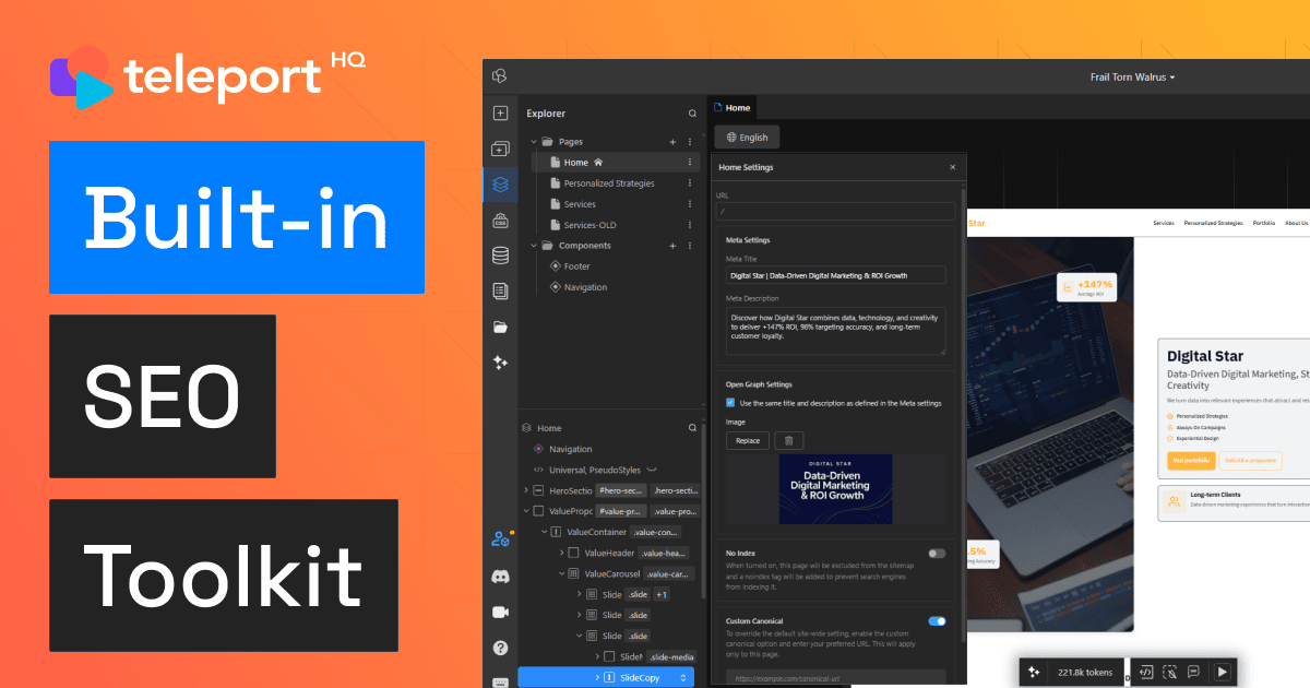Advanced built-in SEO toolkit for fast ranking websites
